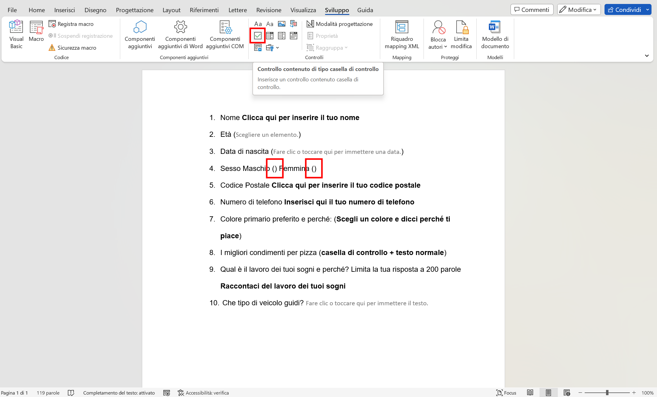 Caselle di controllo su Word