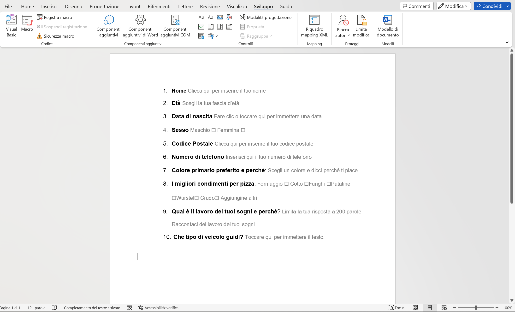 Il form Word è pronto Il form Word è pronto