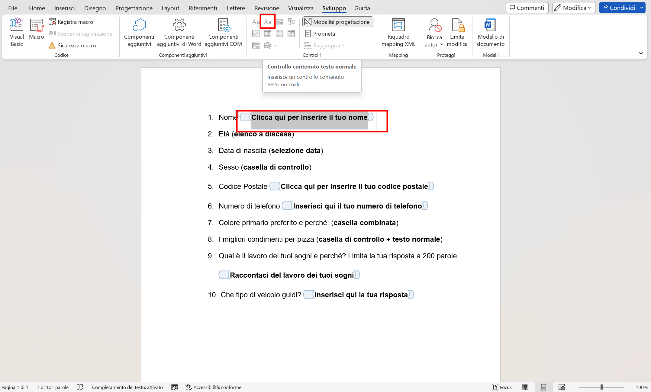 Inserire un controllo testo normale Inserire un controllo testo normale