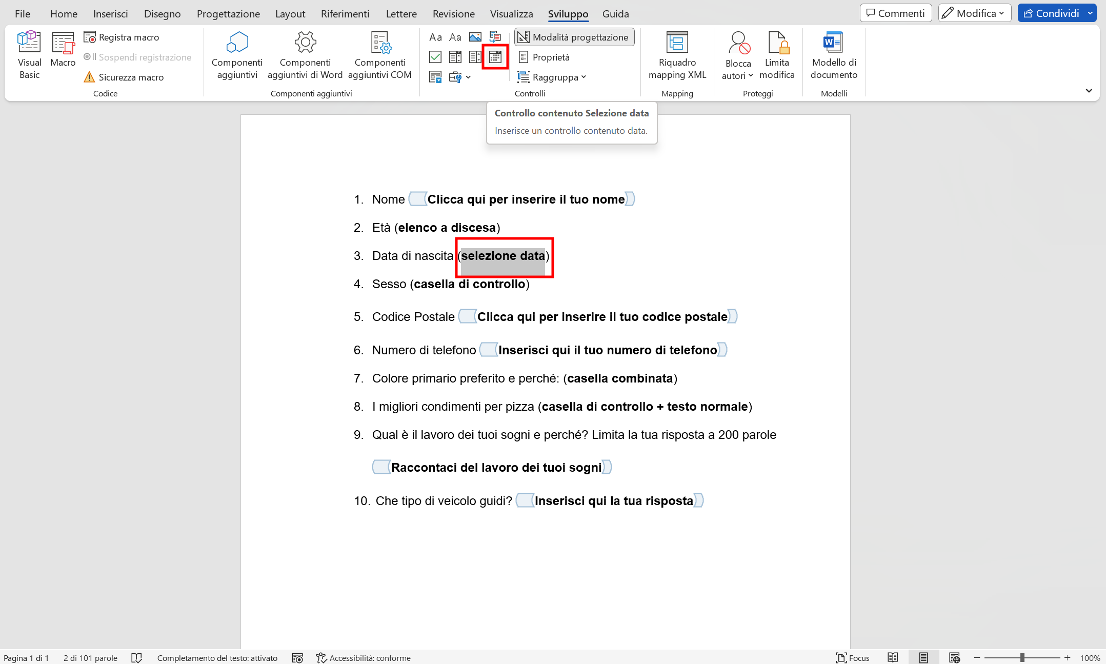 Aggiungere un'opzione di selezione data