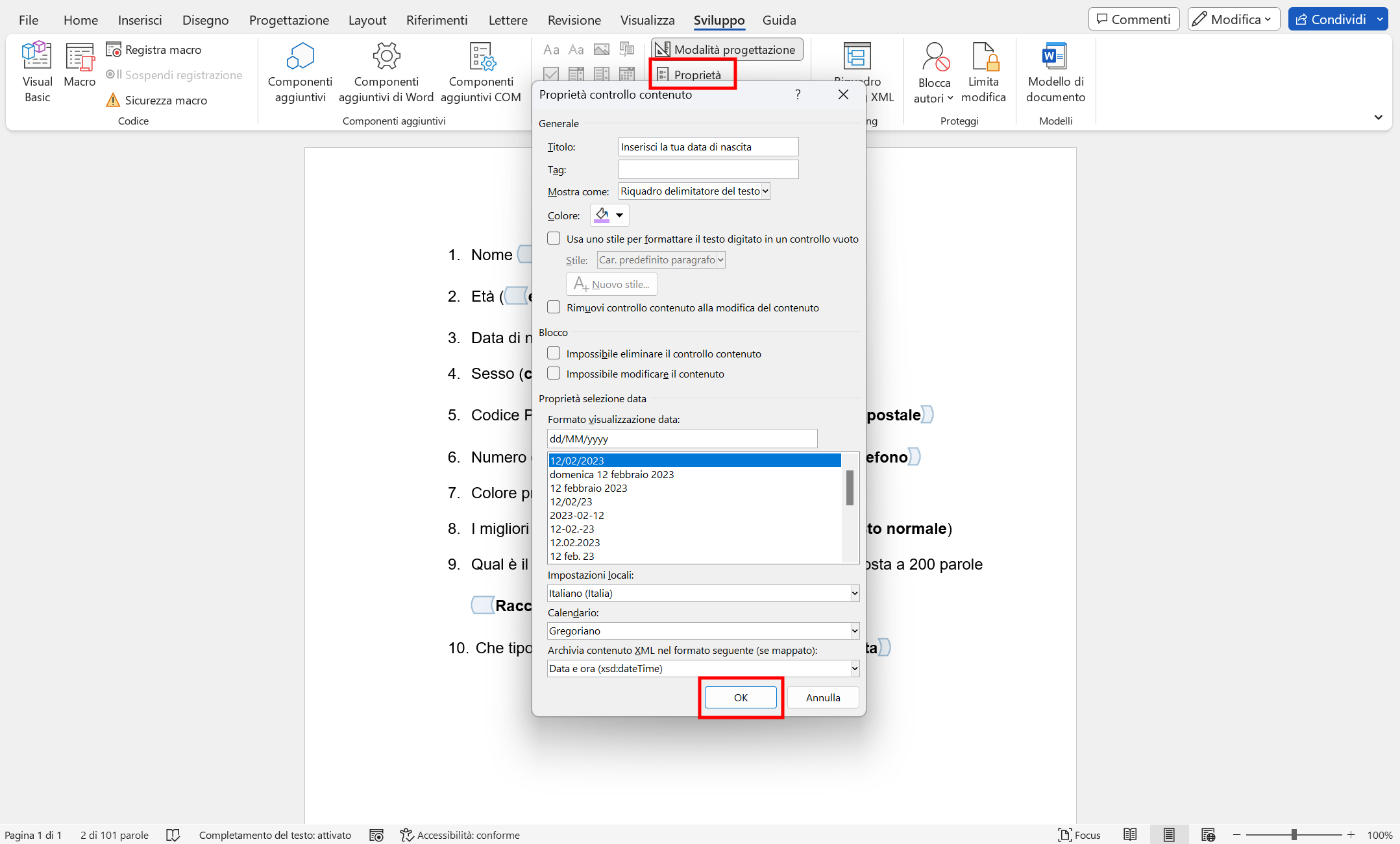 Definire le proprietà della selezione data Definire le proprietà della selezione data