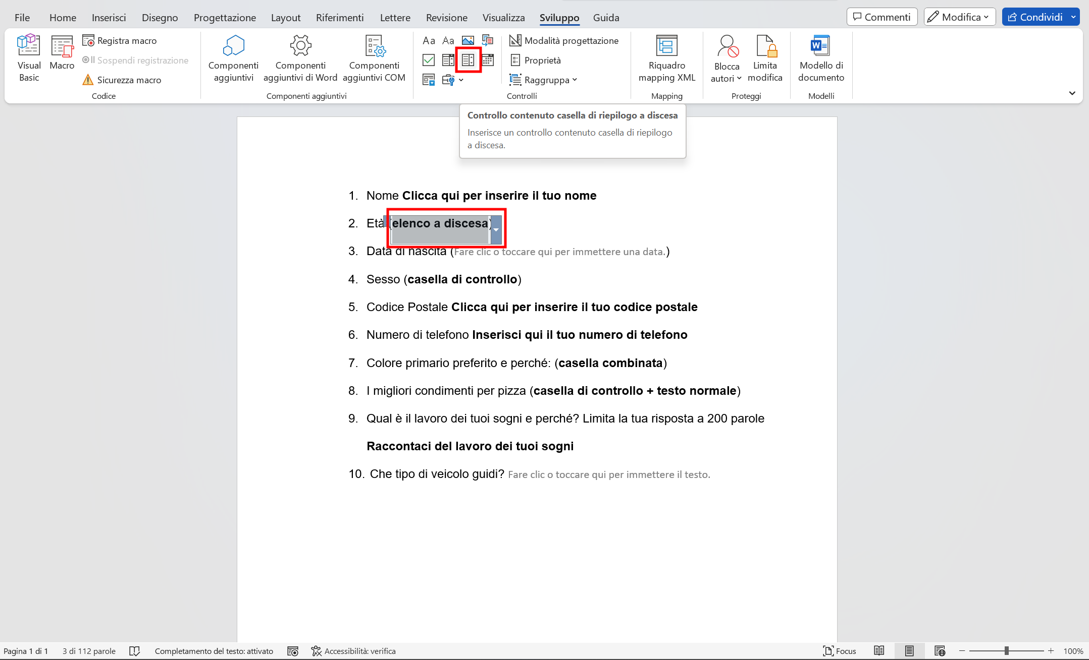 Elenco a discesa con opzioni Elenco a discesa con opzioni