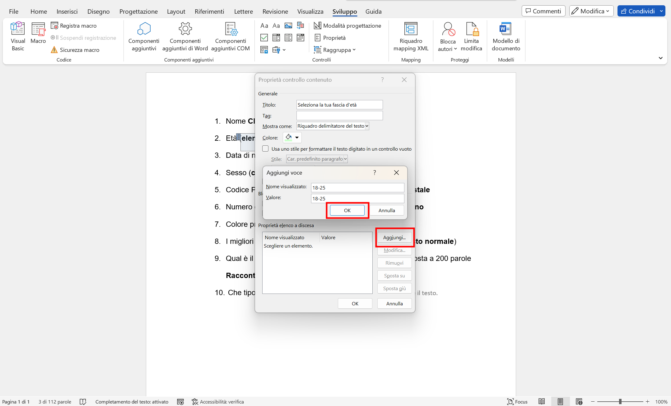 Aggiungere elementi nell'elenco a discesa su Word Aggiungere elementi nell'elenco a discesa su Word