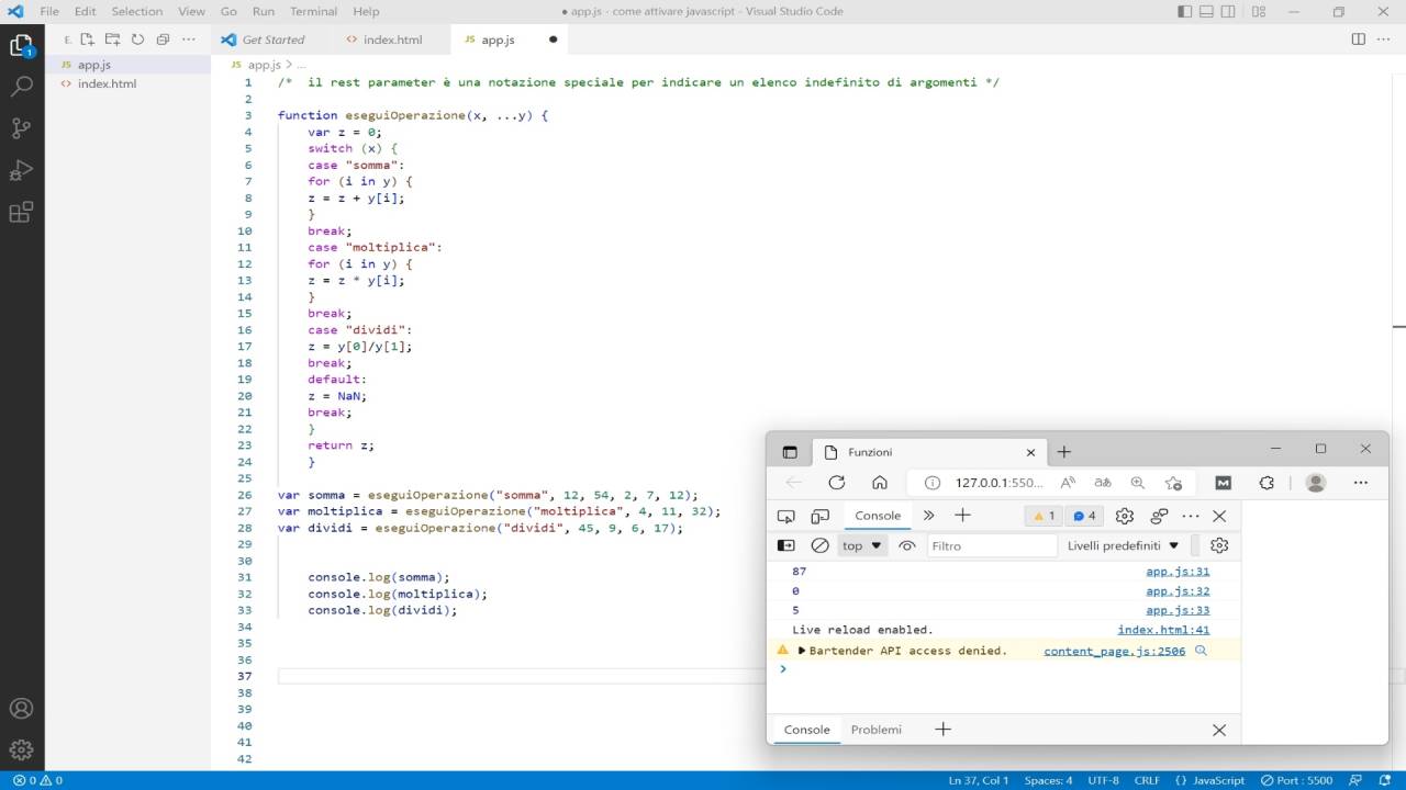 Javascript esempio reset parameter