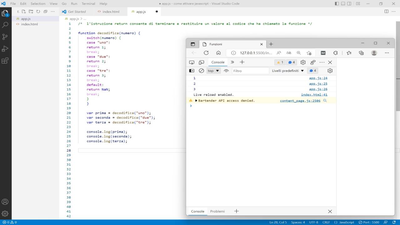 Istruzione return javascript esempio