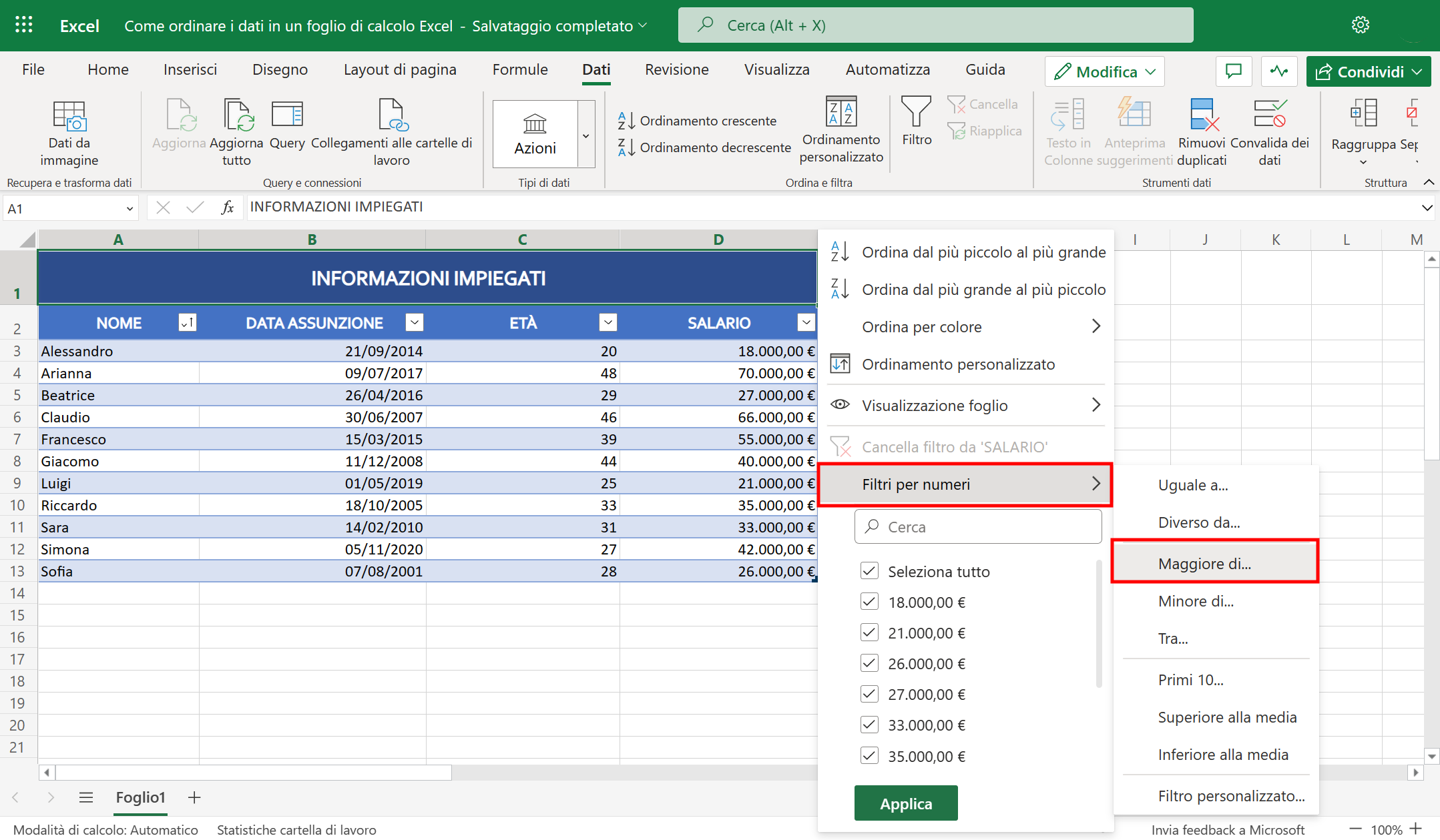 Filtrare dati su Excel Filtrare dati su Excel