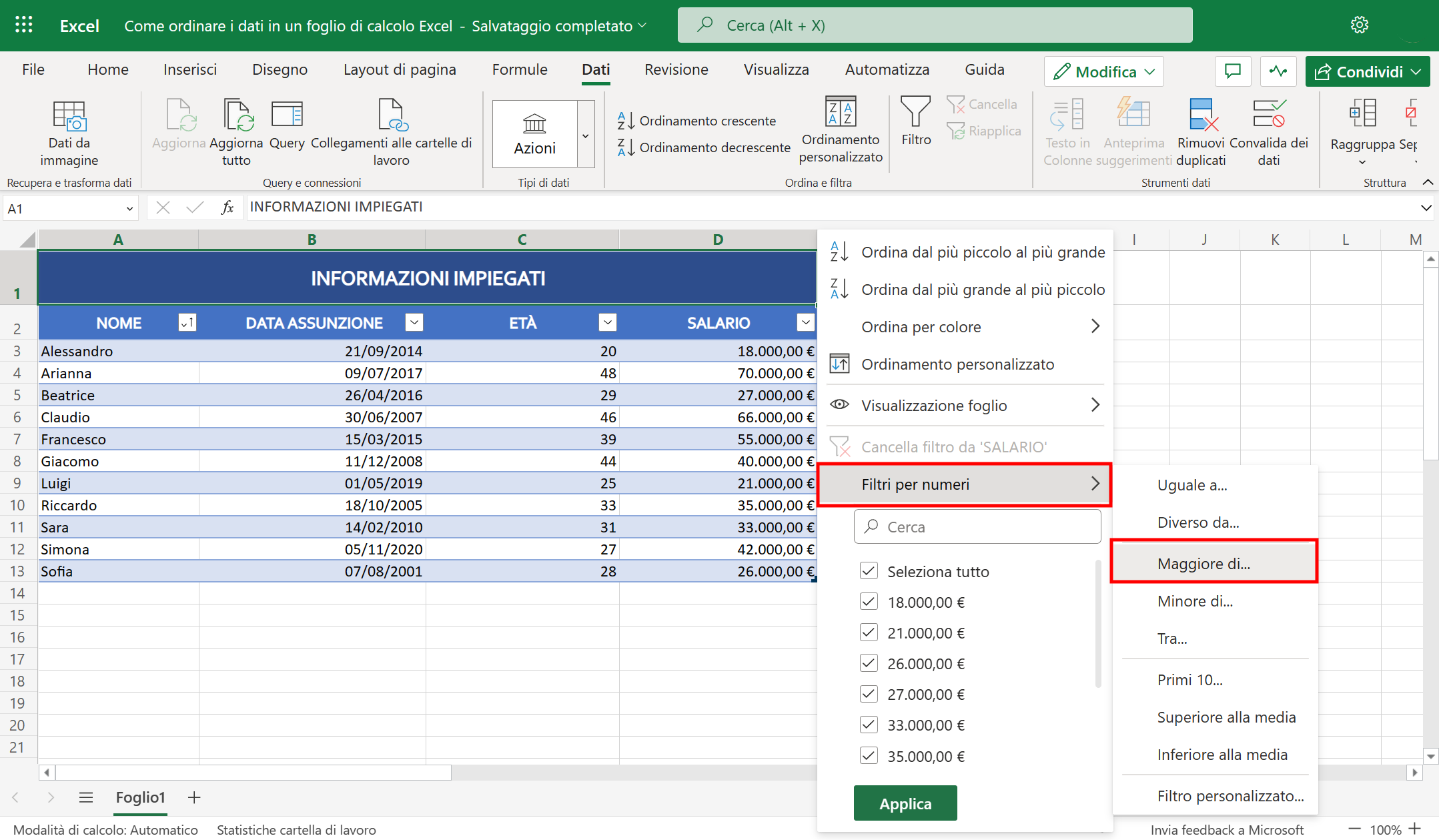 Filtrare dati su Excel
