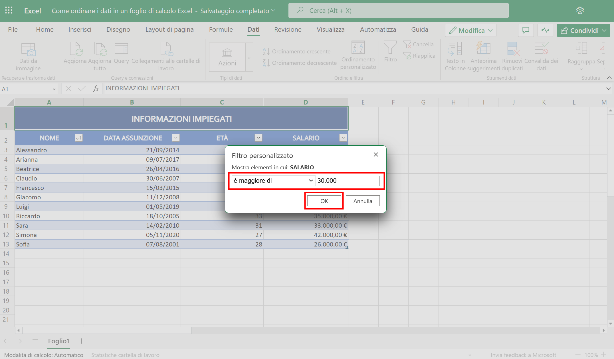 Filtro è maggiore di su Excel
