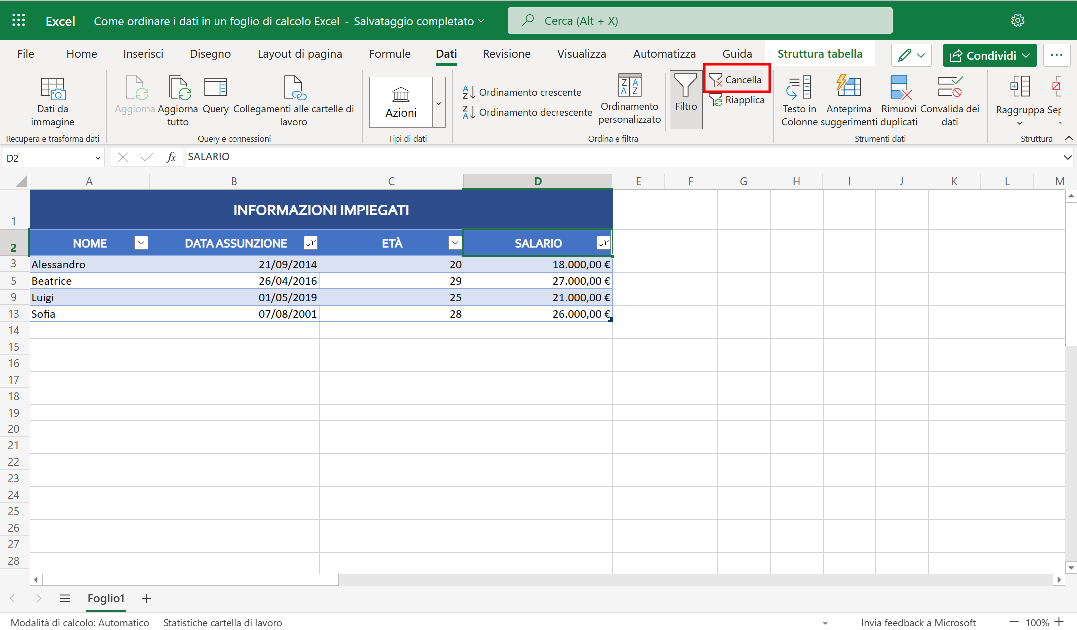 Cancellare i filtri Cancellare i filtri
