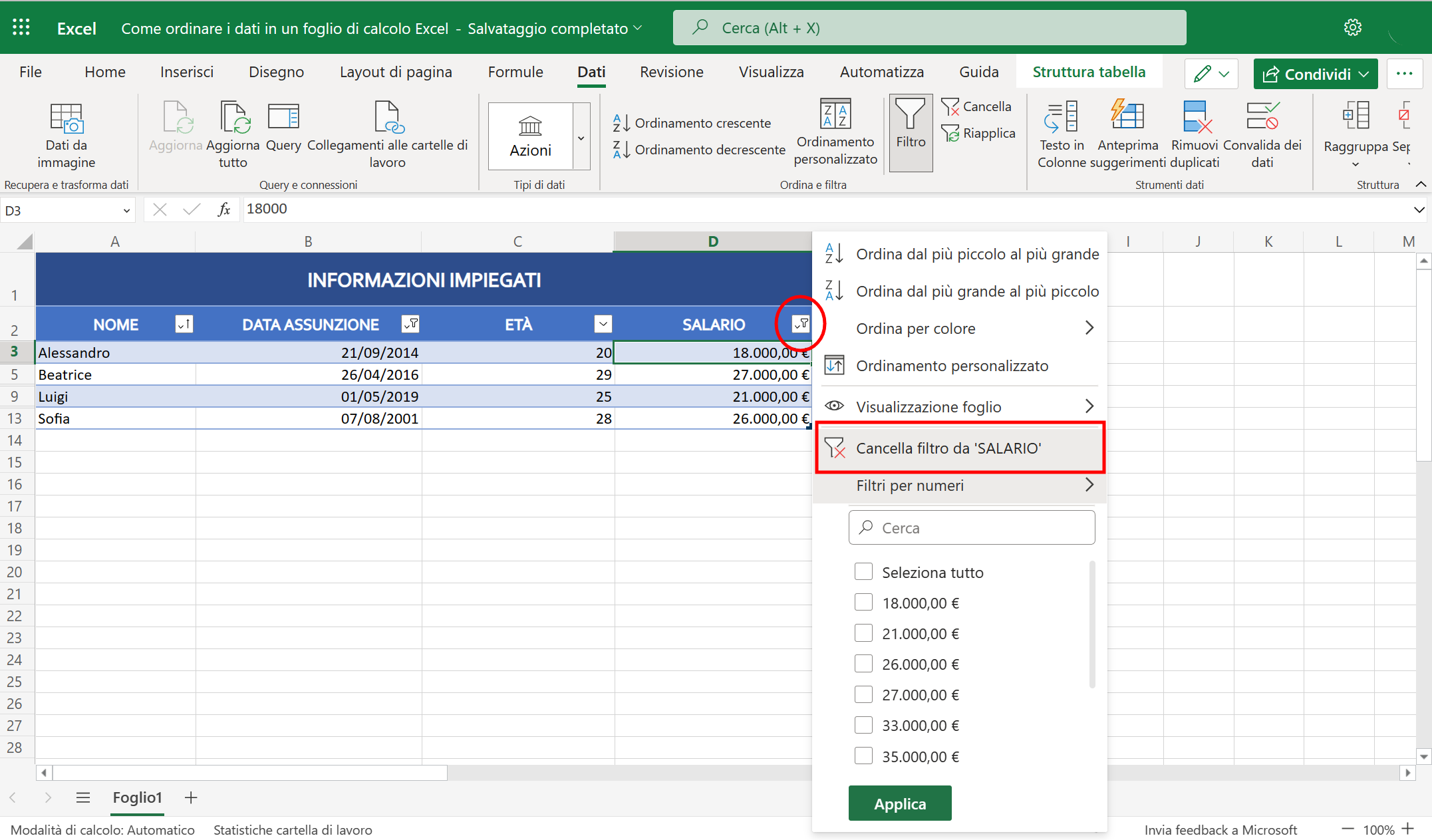 Cancellare i filtri Cancellare i filtri