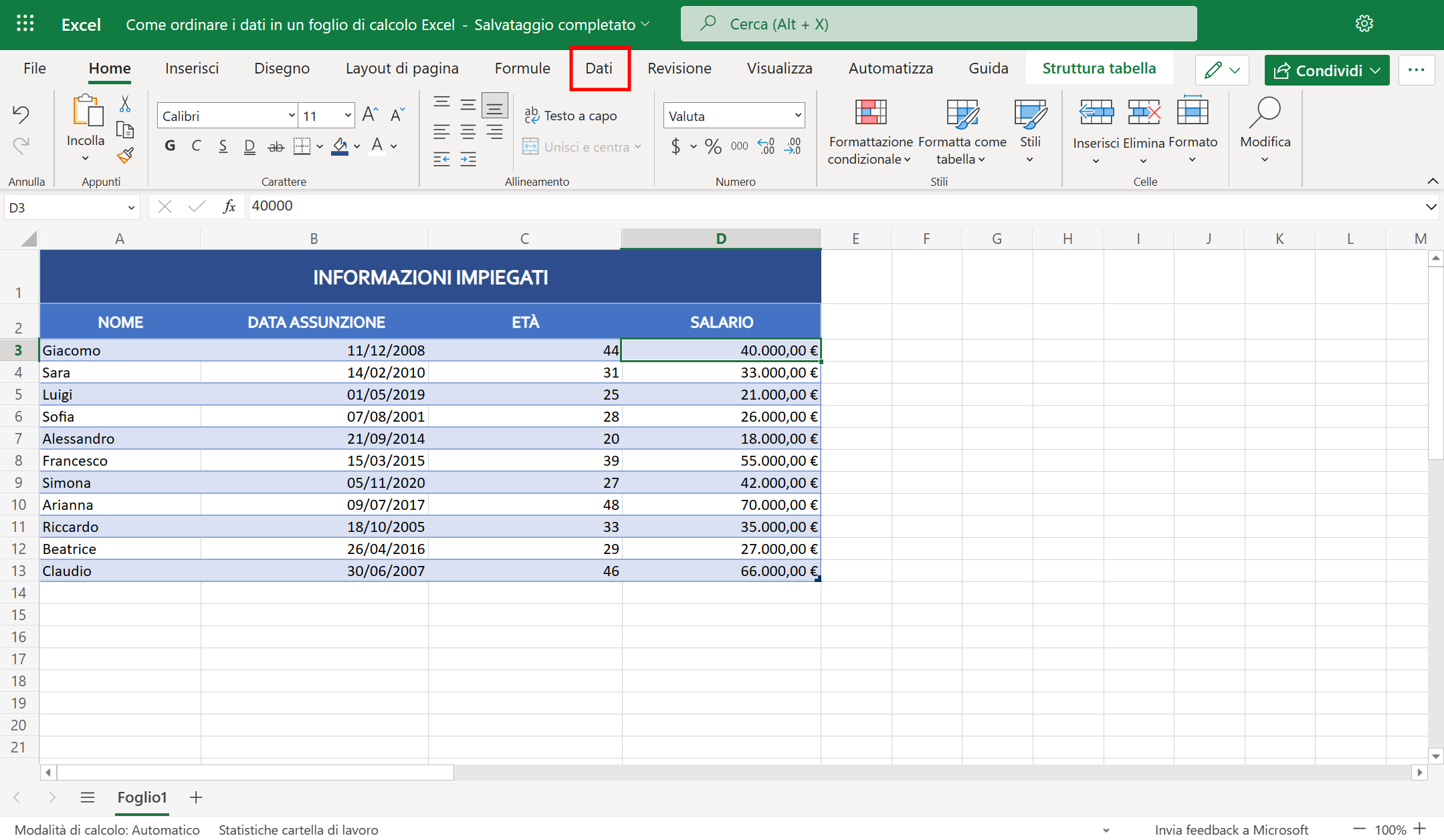 Schermata Excel Schermata Excel