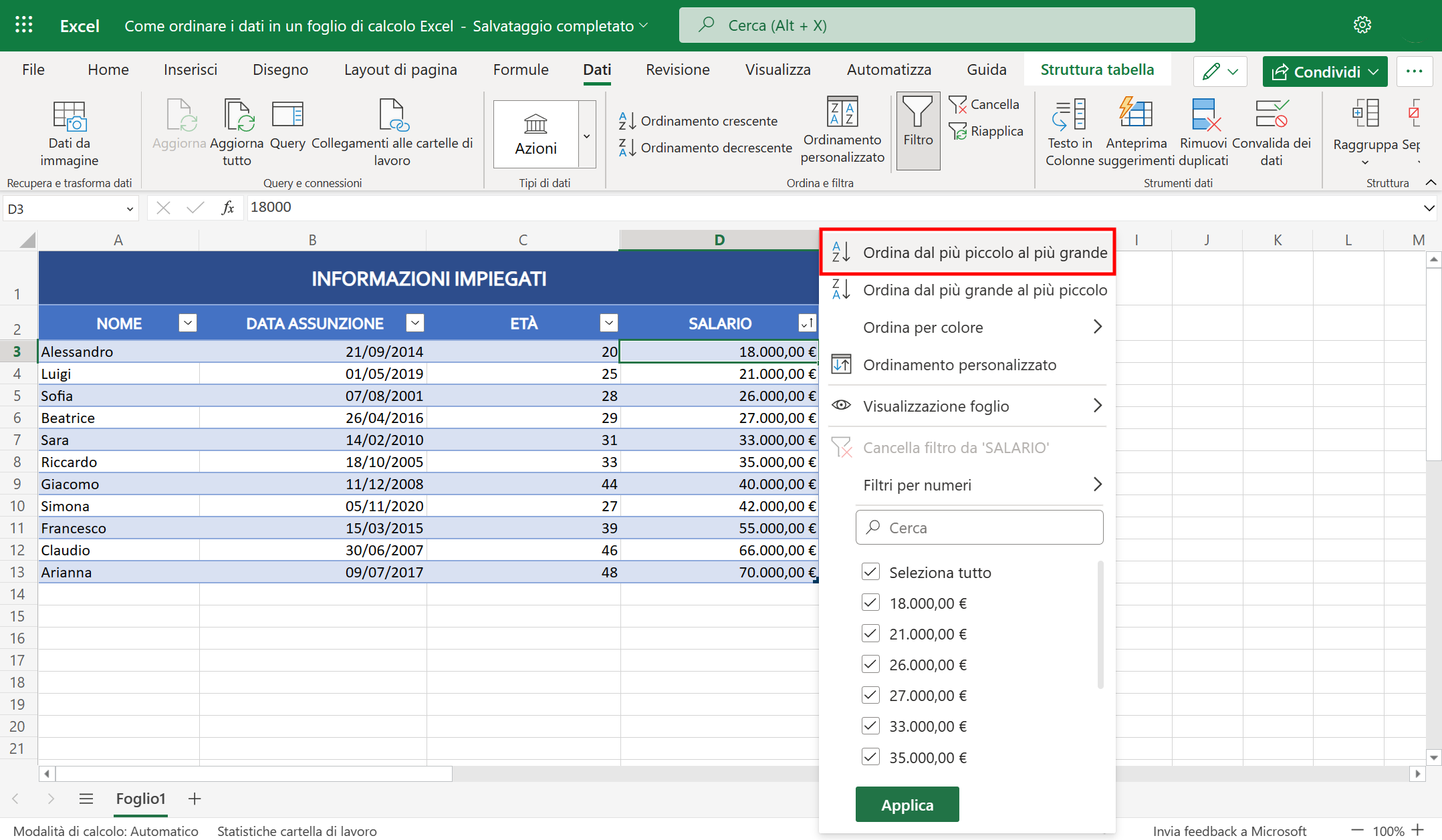 Filtro Ordina su Excel