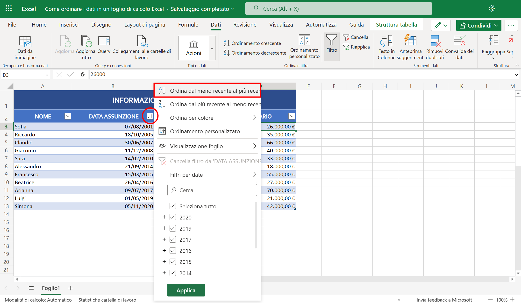 Ordinare date di assunzione su Excel