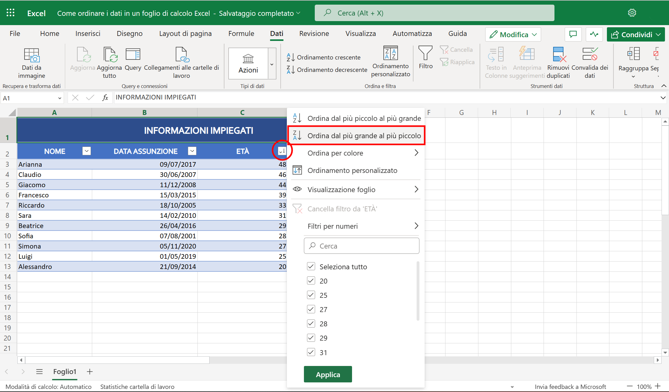 Ordinare per Età su Excel