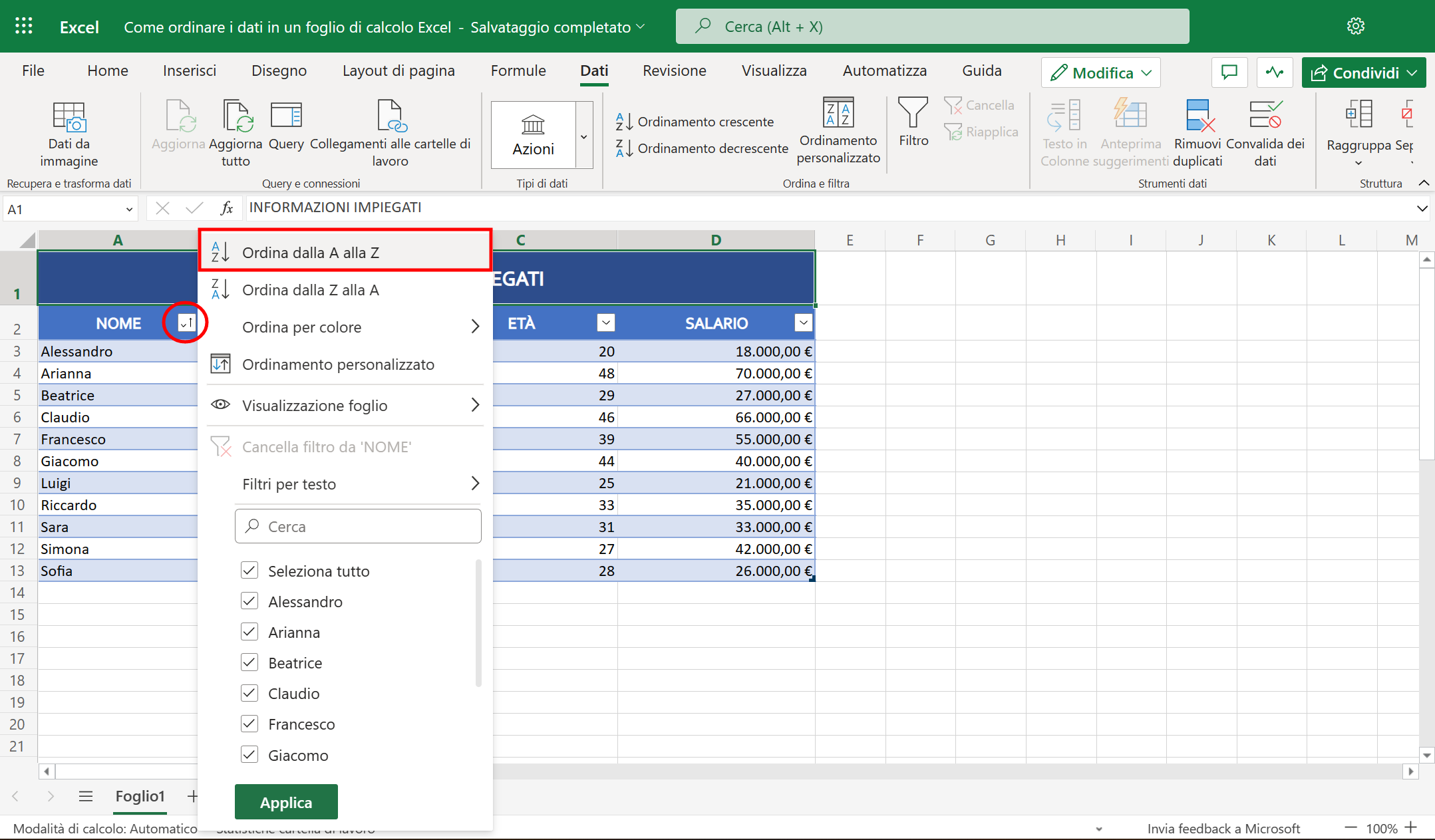 Ordinare per nome su Excel Ordinare per nome su Excel