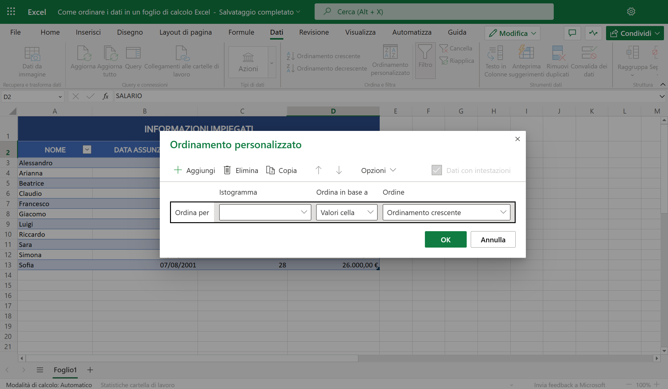 Ordinamento personalizzato su Excel