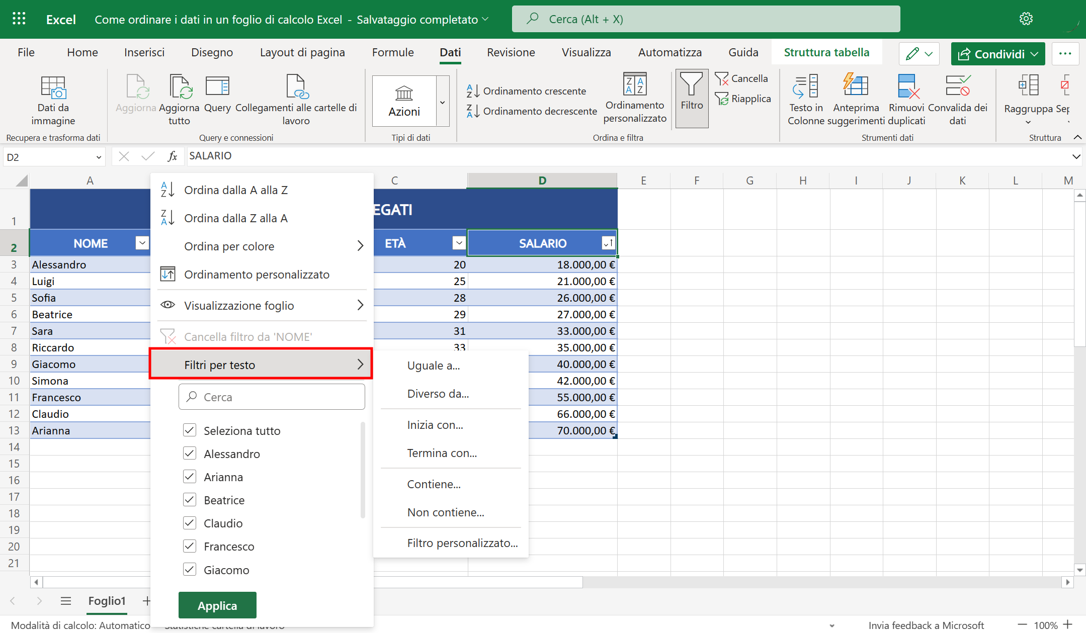 Ordinare i dati in Excel