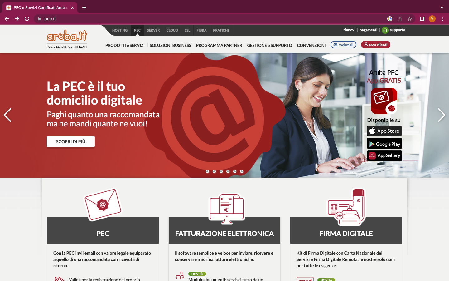 Aruba PEC homepage Aruba PEC homepage