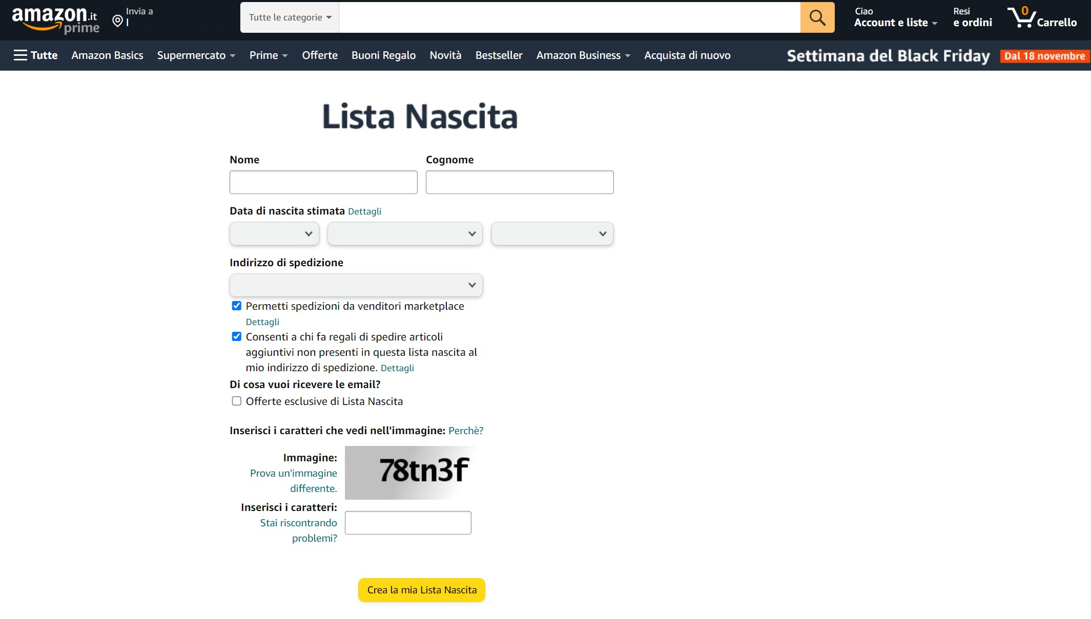 Compilare lista nascita su amazon