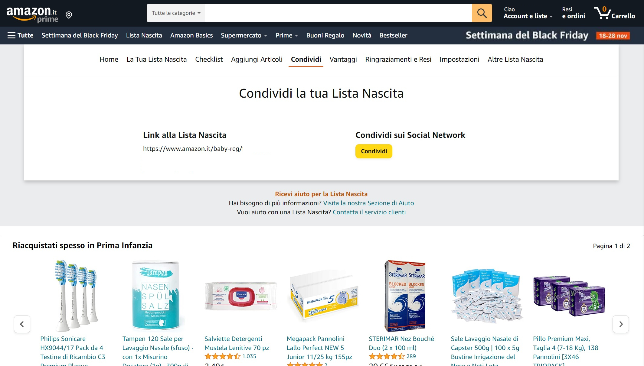 Condividere la lista nascita Amazon