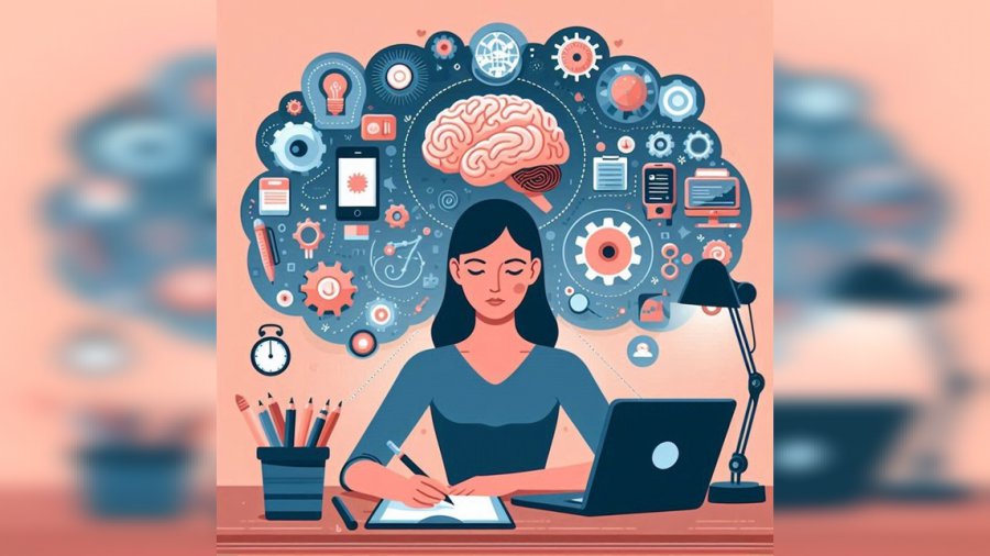 Donna al lavoro con strumenti di produttività e con l'IA