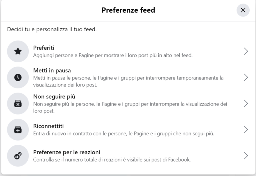 Preferenze feed di Facebook