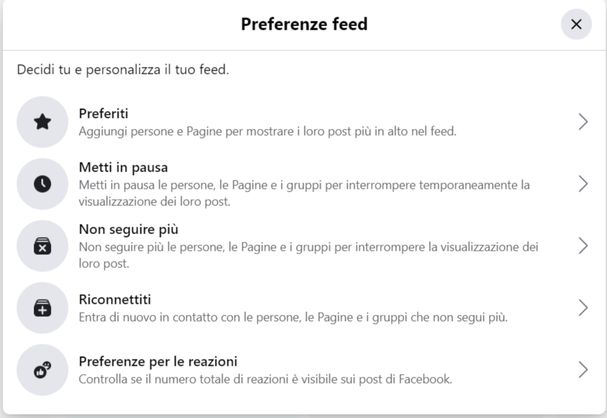 Preferenze feed di Facebook Preferenze feed di Facebook