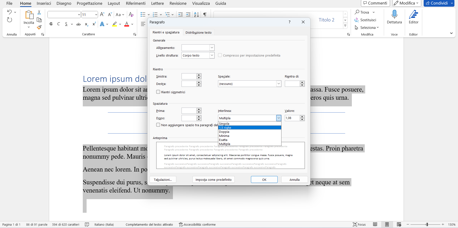 Scegliere l’interlinea e la spaziatura Scegliere l’interlinea e la spaziatura