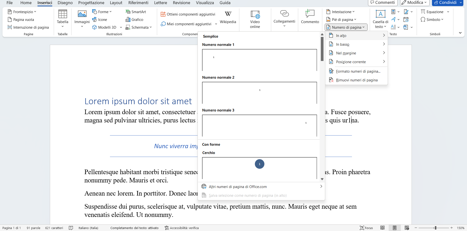 Inserire i numeri di pagina Inserire i numeri di pagina