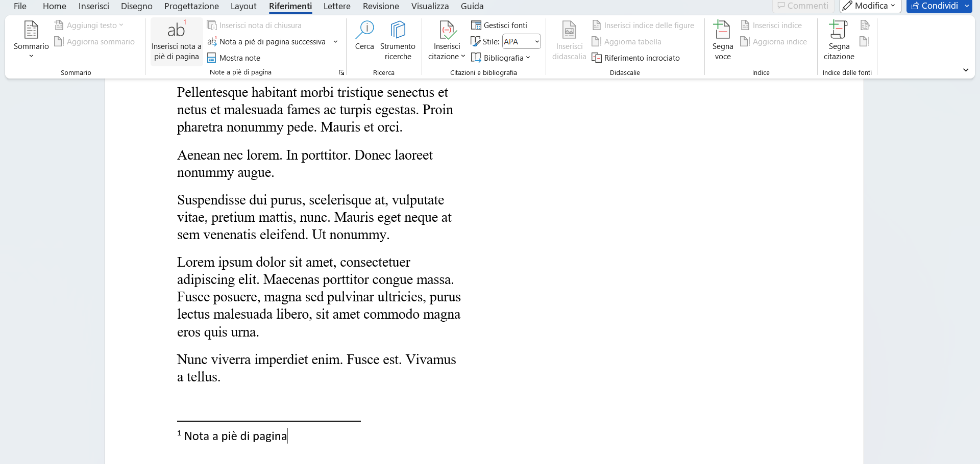 Inserire le note a piè di pagina Inserire le note a piè di pagina