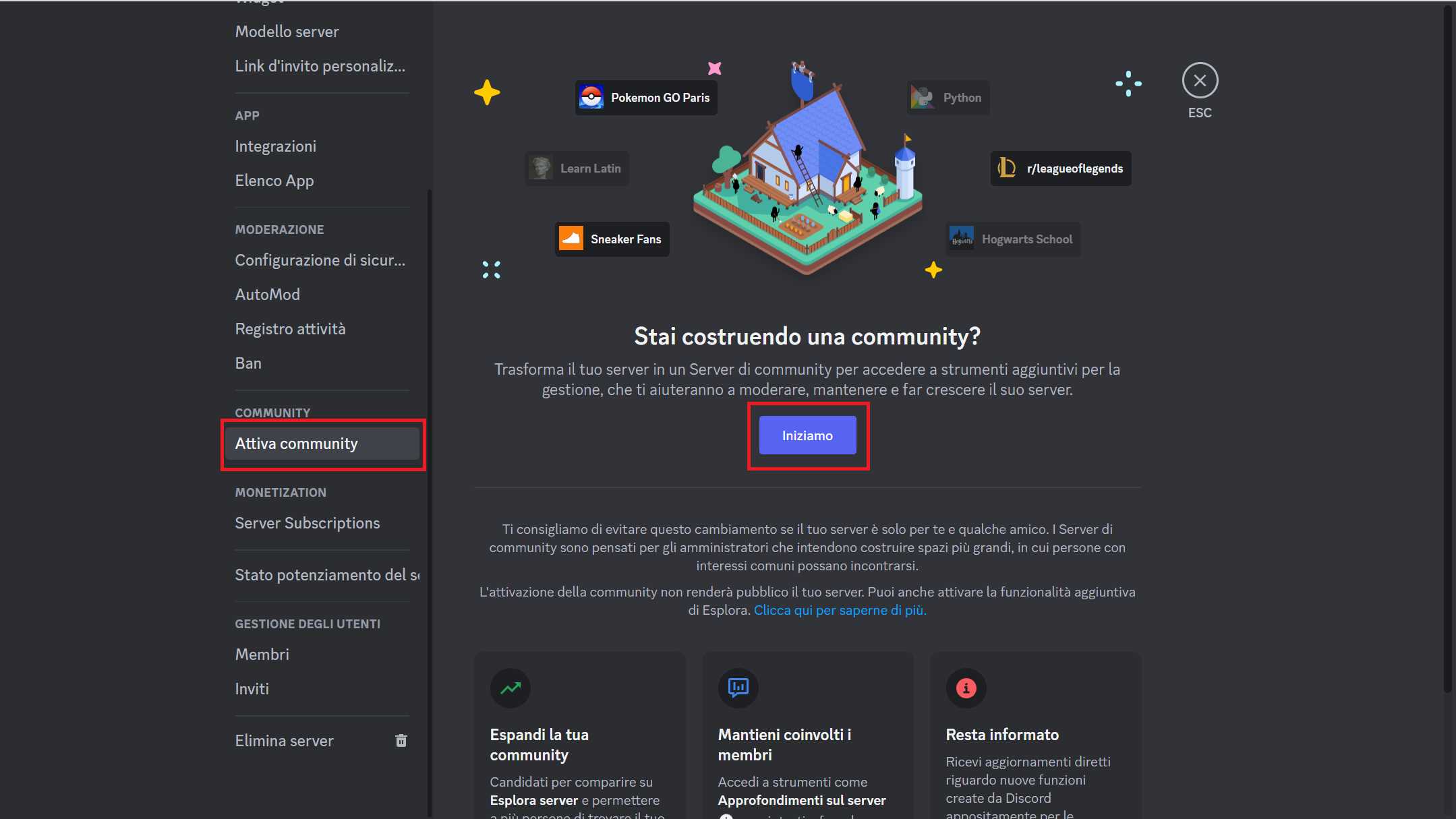 Attivare una community da un server già esistente su Discord