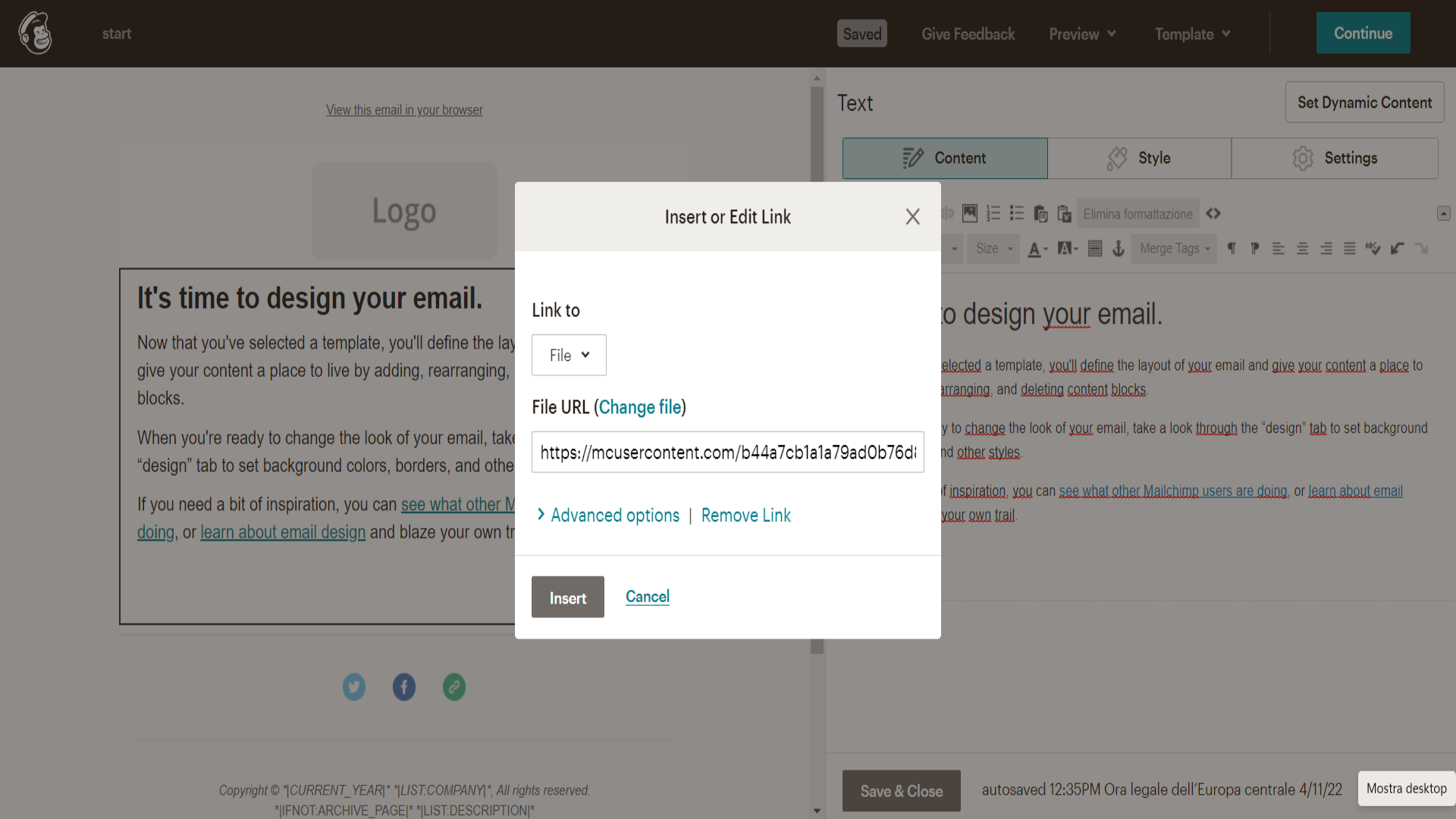 Come inserire un file PDF su MailChimp?