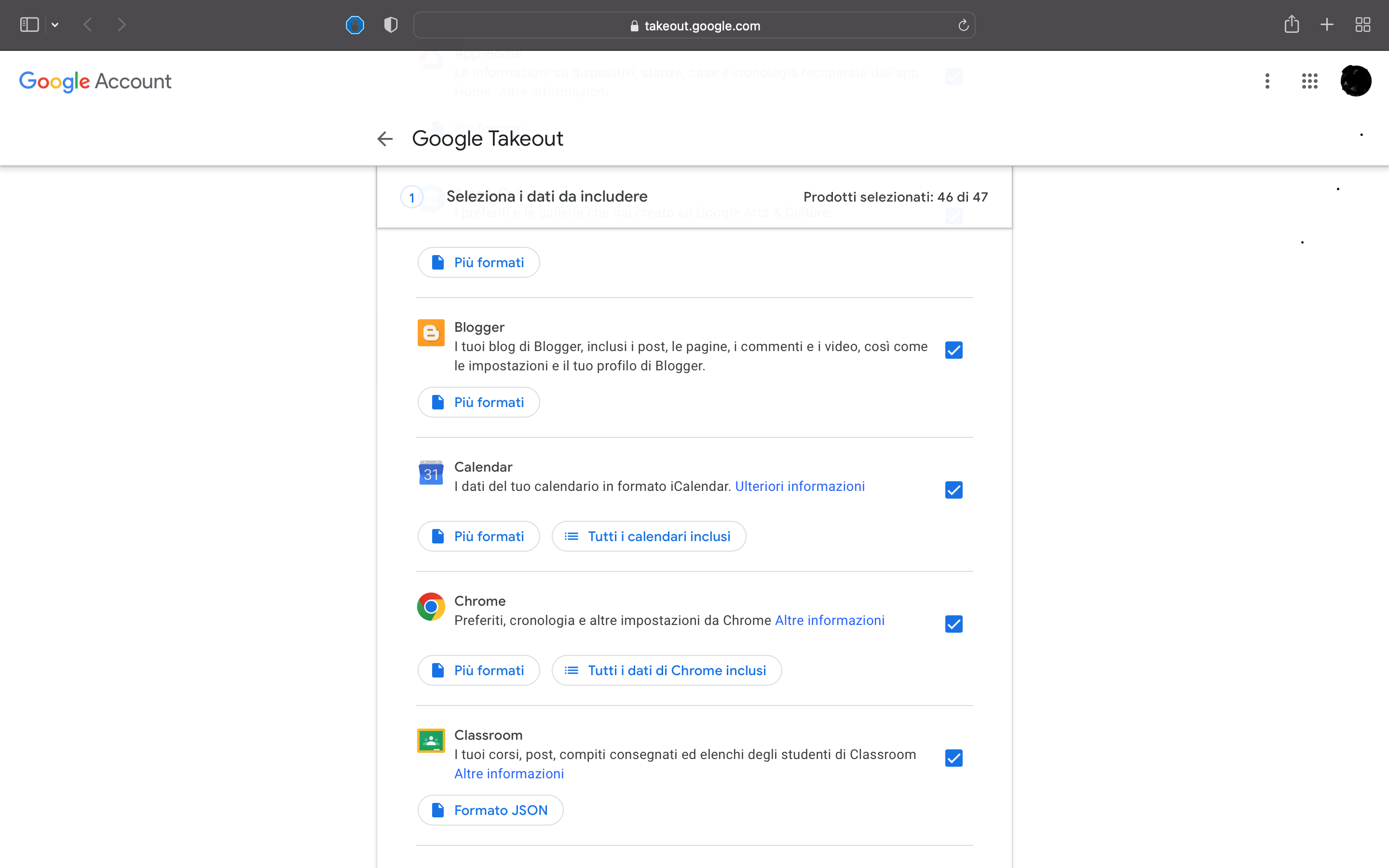 Schermata account Google con lo storico 