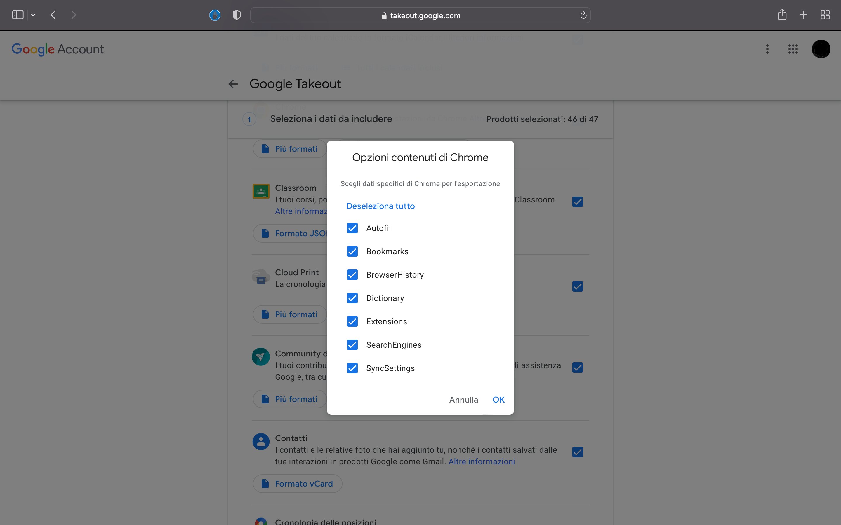 Selezione dei dati da includere nel salvataggio Selezione dei dati da includere nel salvataggio