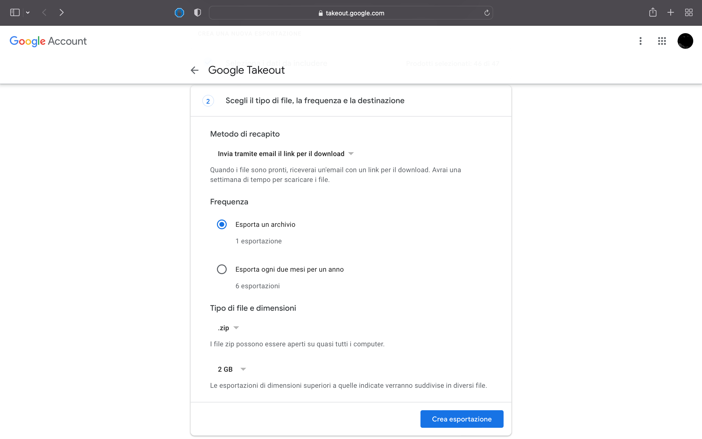 Esportazione dei dati di Google