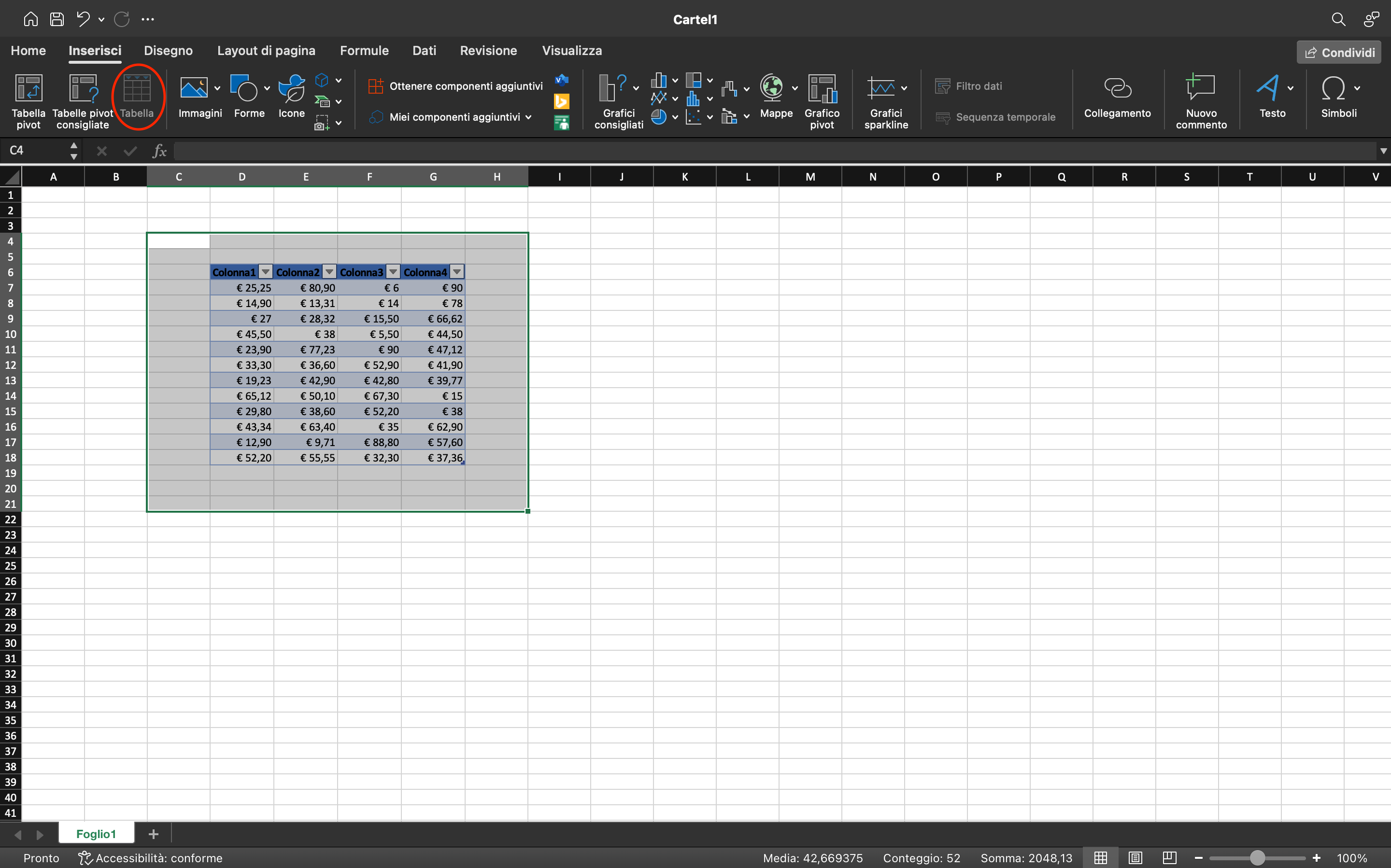 Creare tabelle Excel Creare tabelle Excel