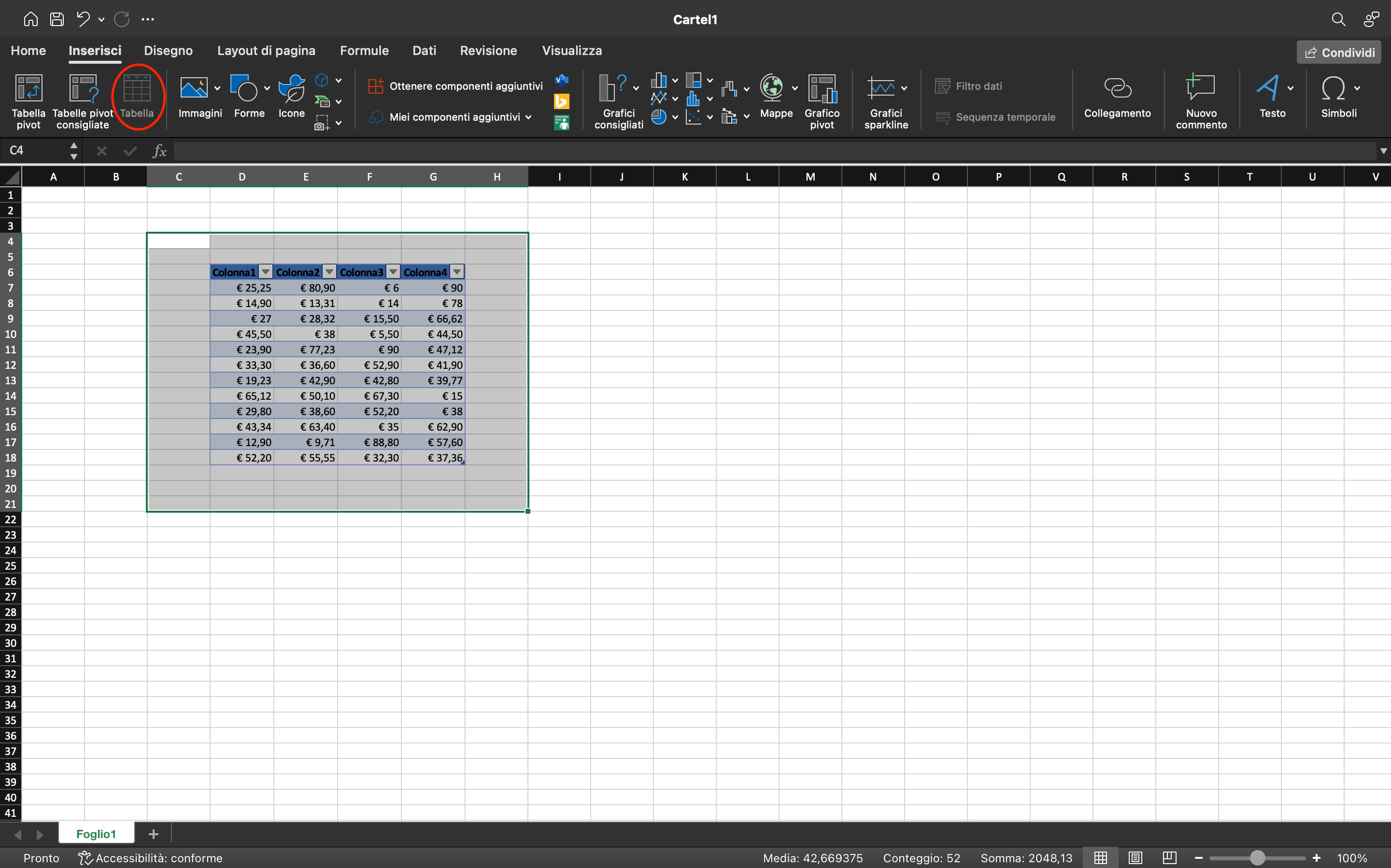 Creare tabelle Excel