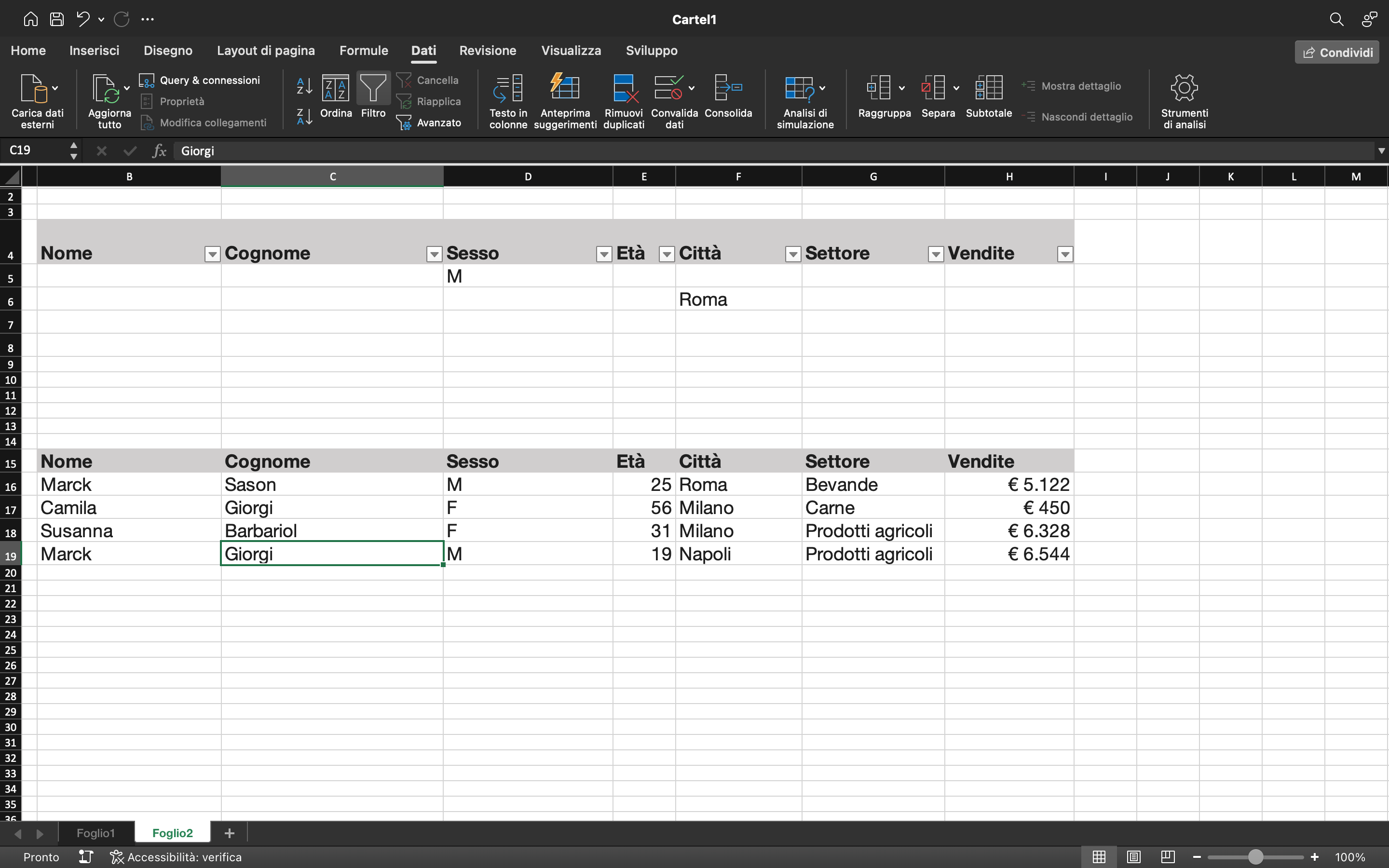 Foglio Excel Foglio Excel