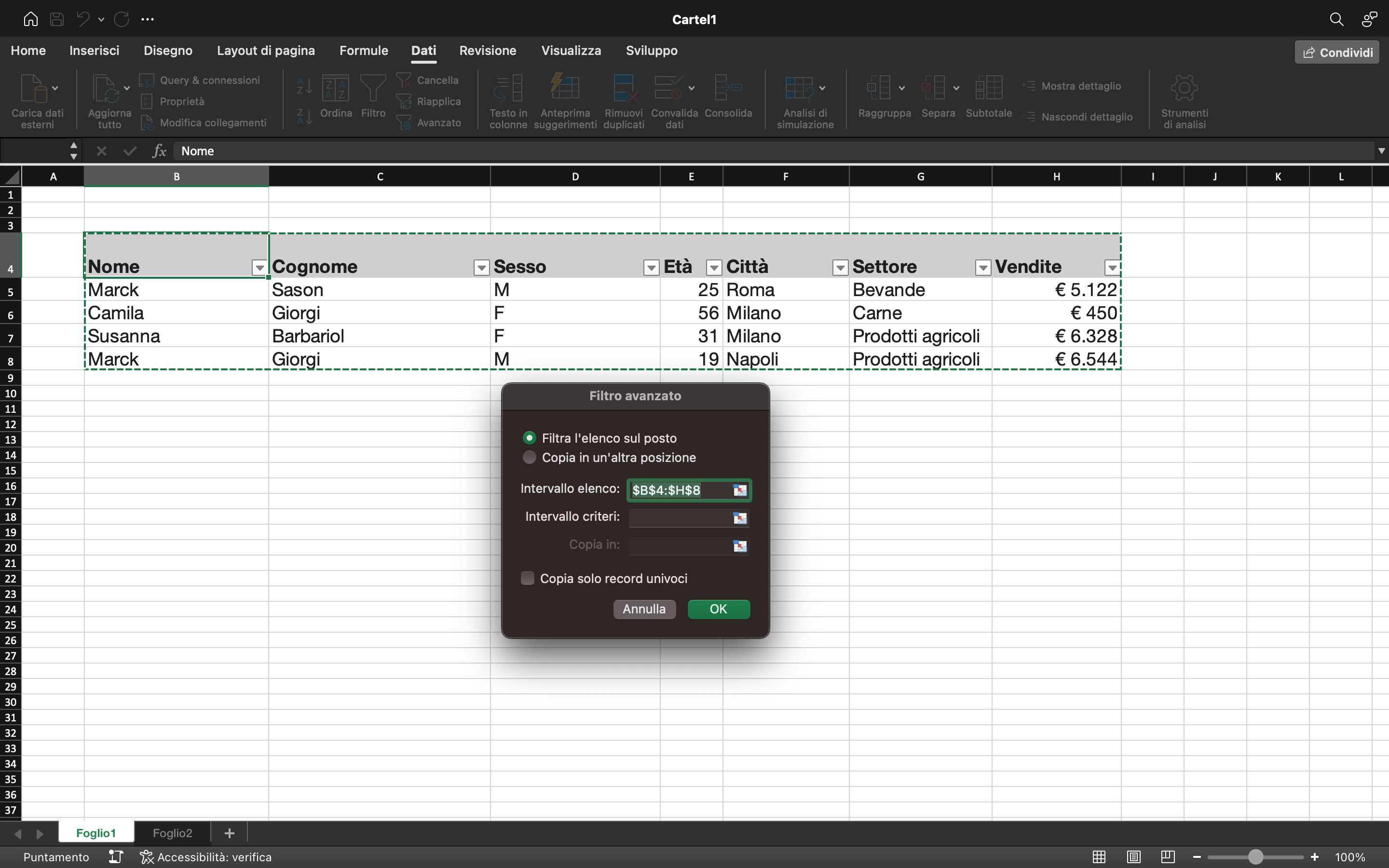 Foglio Excel Foglio Excel