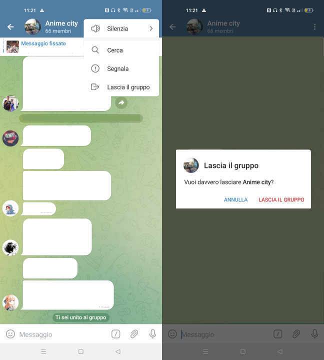 Abbandonare un gruppo Telegram