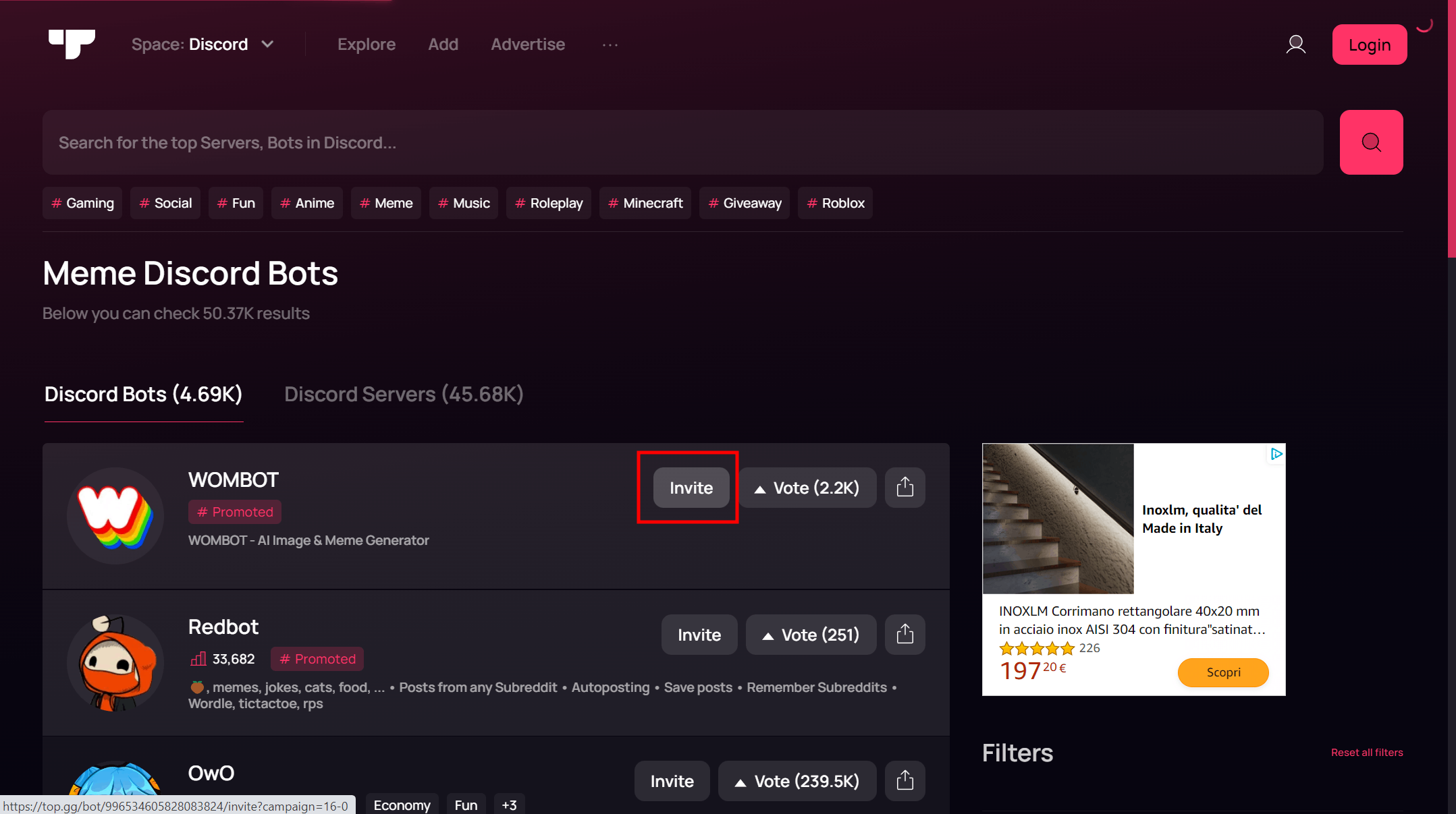Integrare app al server Discord da un sito web
