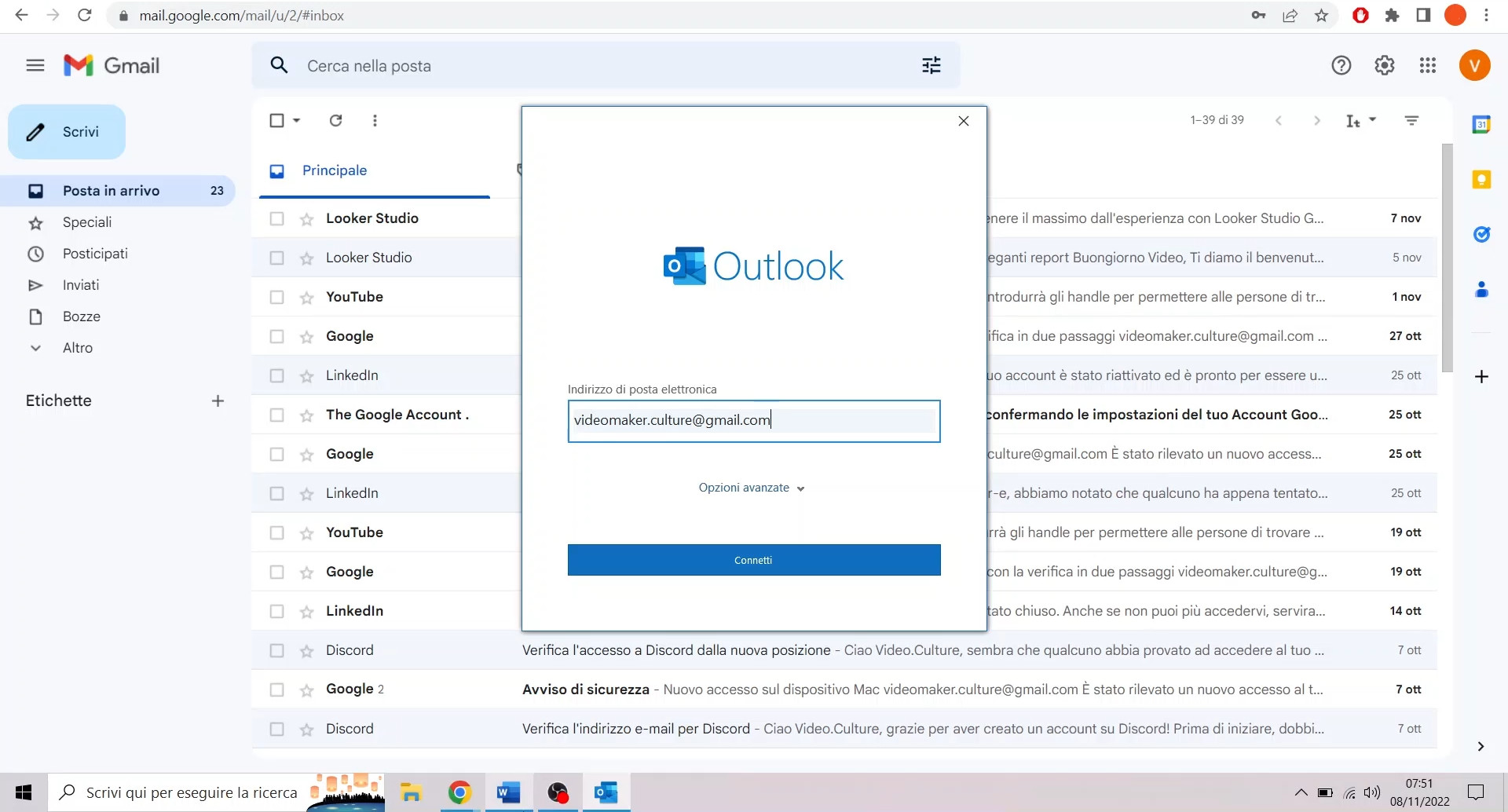 Outlook configurare Gmail