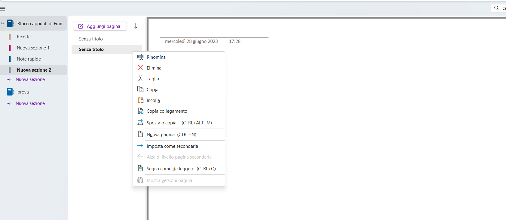 Creare nuova pagina OneNote