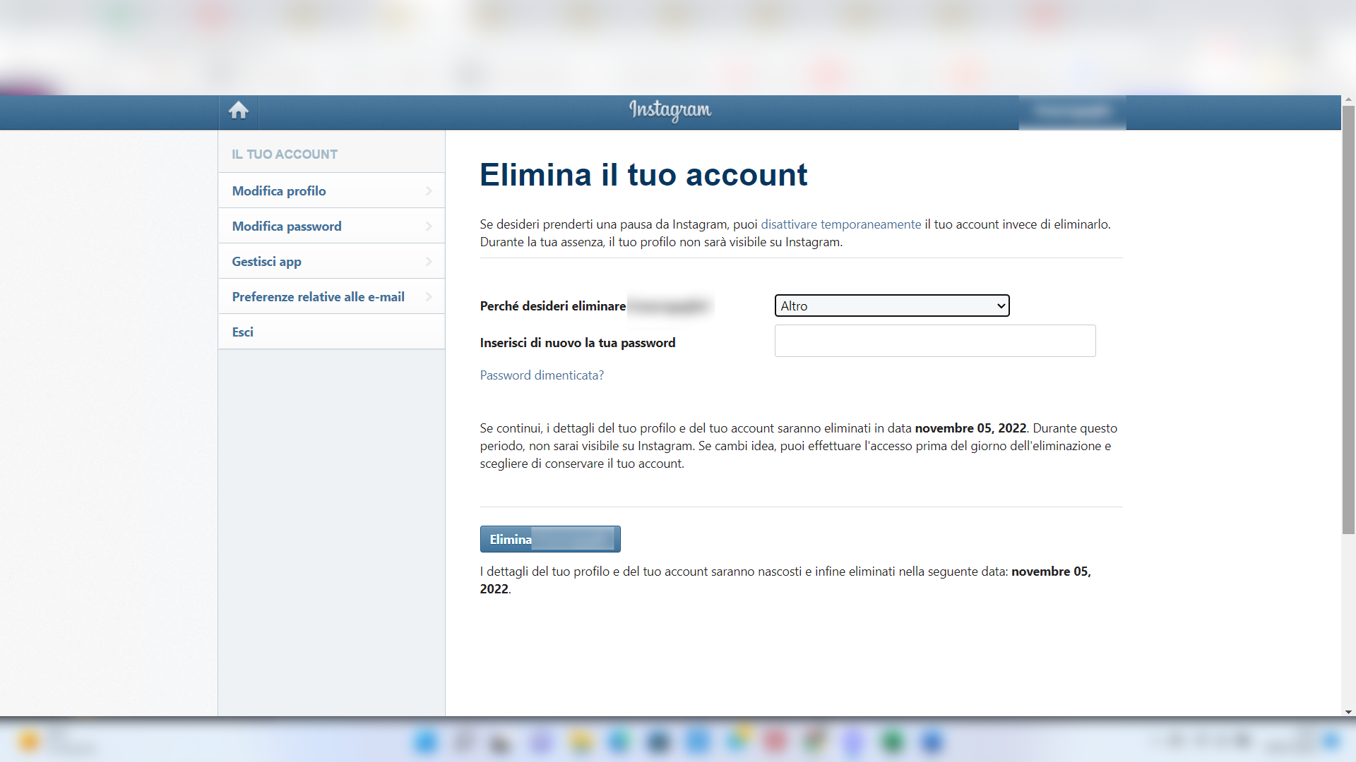 Eliminare account Instagram