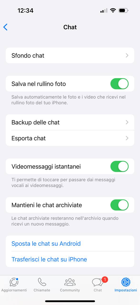 Impostazioni videomessaggi WhatsApp