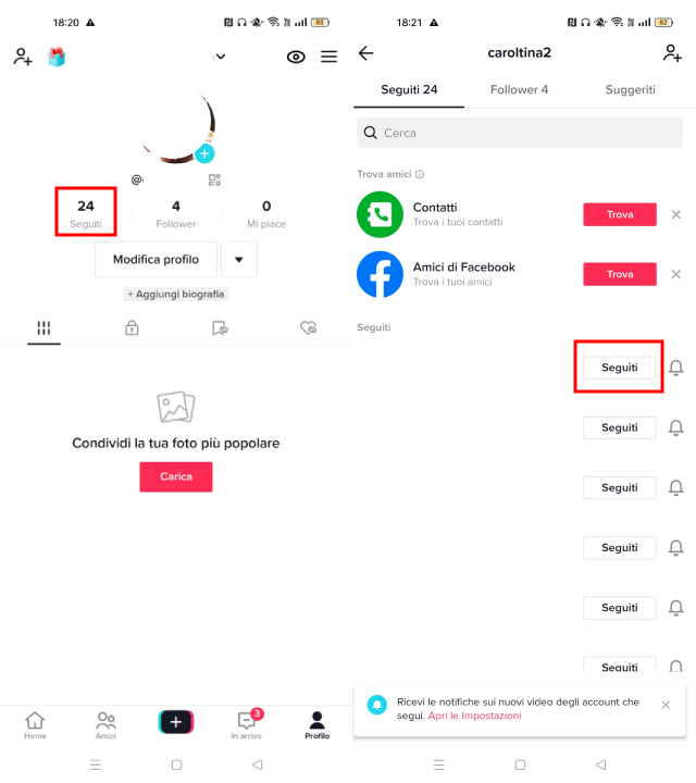 Smettere di seguire gli account e togliere la spunta dai seguiti