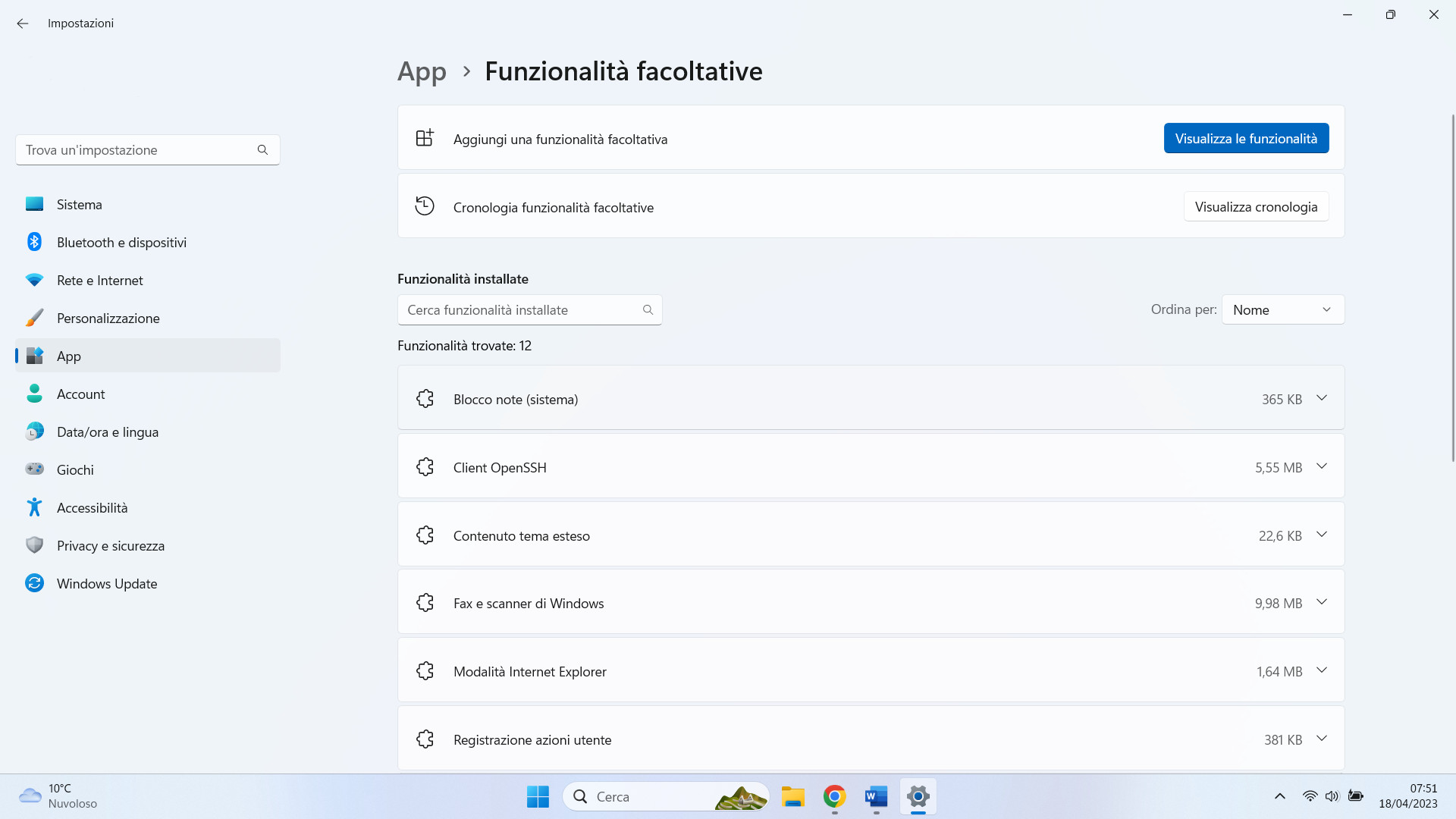 Schermata funzionalità facoltative su windows Schermata funzionalità facoltative su windows