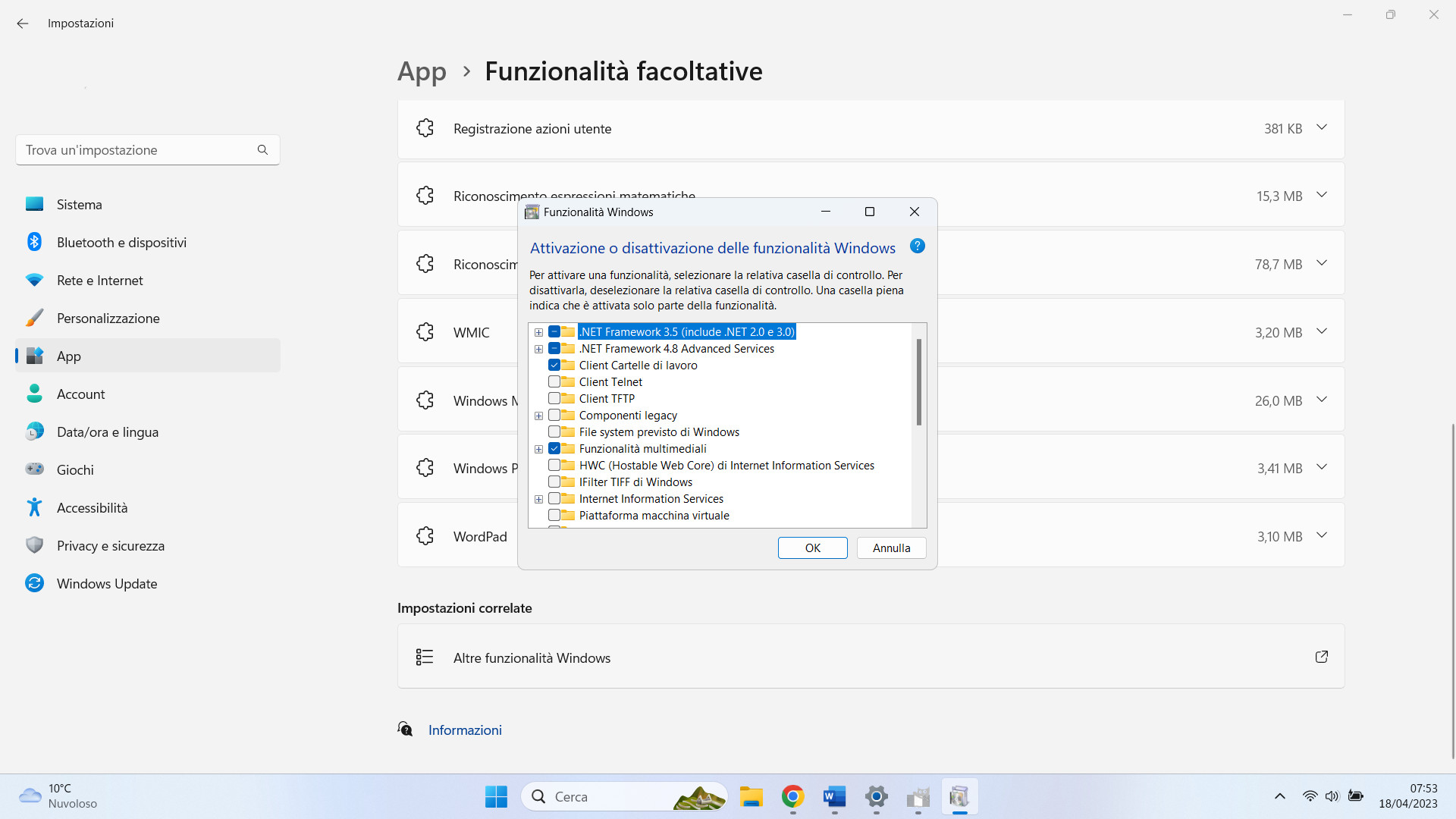 Pop-up casella di controllo su funzionalità facoltative di Windows Pop-up casella di controllo su funzionalità facoltative di Windows
