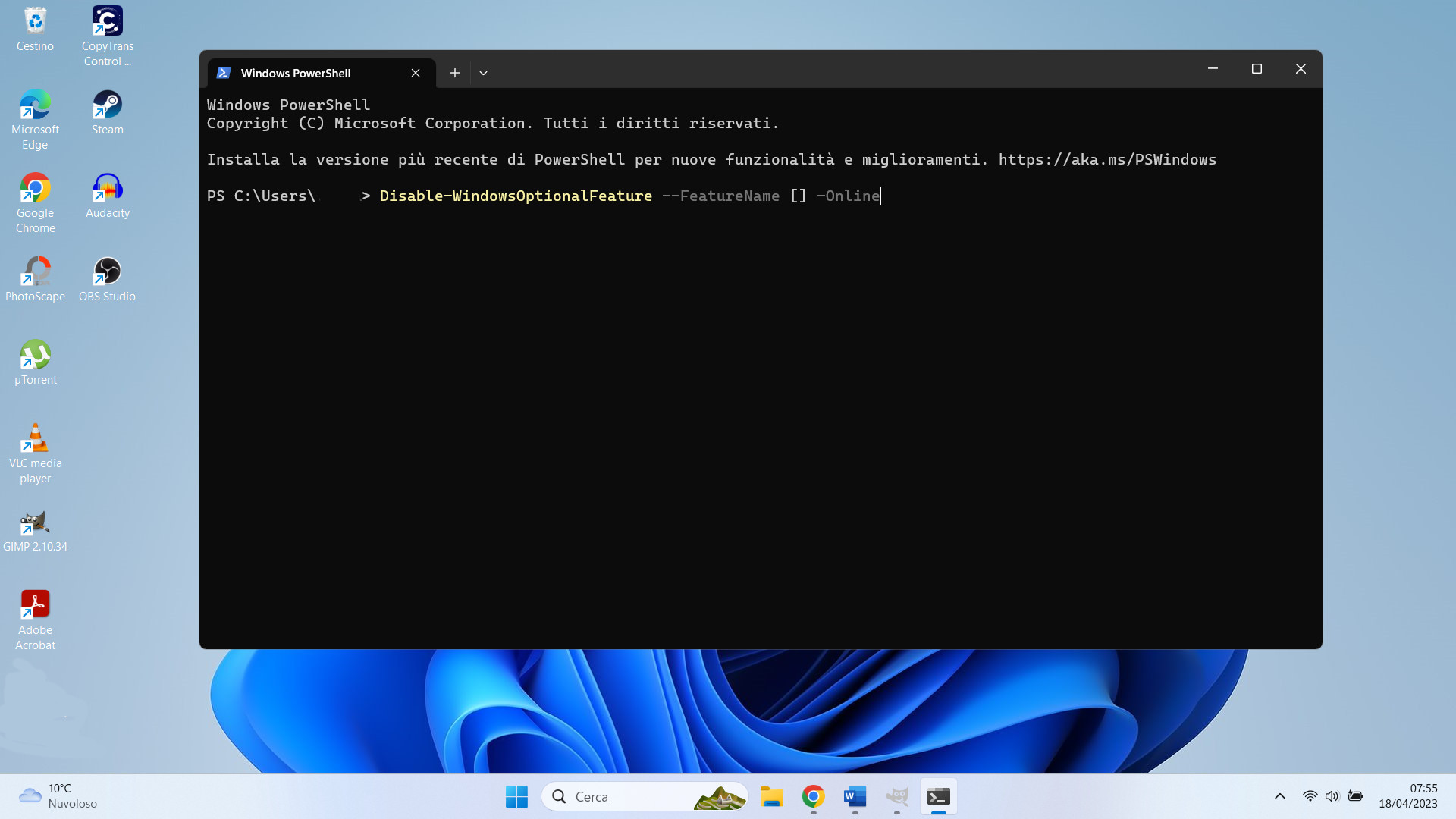 Schermata terminale da amministratore su Windows