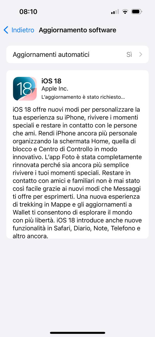 Aggiornamento a iOS18 Aggiornamento a iOS18